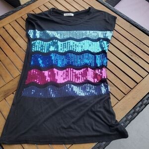 Black Sequin Striped T-Shirt Colorful Sequin Wave T-Shirt by Subtlety For‎ Woman